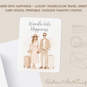 Biglietto d'auguri di viaggio di lusso con acquerello (coppia di moda senza volto, PNG stampabile in 4x6 e 5x7") Vaga nella felicità