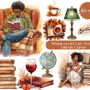 May include: Watercolor clipart featuring a cozy autumn library theme. Includes illustrations of a person reading, books, a globe, a lamp, a cup of tea, and a glass of wine. The text reads "Watercolor Cozy Autumn Library Clipart".