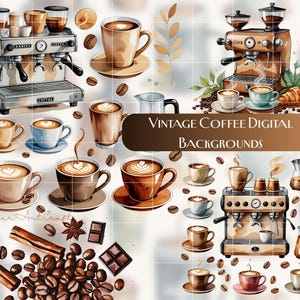 Coffee Clipart and Digital Backgrounds, Vintage Watercolor Cafe PNG and Papers, Barista Coffee Beans Backdrops for Scrapbooking & Branding