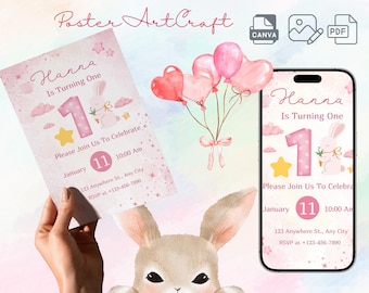 Editable Some Bunny is Turning One Birthday Invitation, Rabbit Birthday Invite, Girl Bunny Birthday Party Invite, Digital Canva
