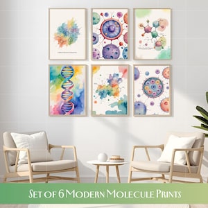 Könnte beinhalten: Sechs gerahmte Kunstdrucke mit farbenfrohen Aquarellillustrationen von Molekülen und DNA. Die Drucke sind in einem modernen Stil gehalten und werden über zwei Sesseln und einem kleinen Tisch ausgestellt.