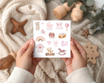 Set de pegatinas para álbum de recortes de bebé niña | Pegatinas de acuarela para bebé | Pegatinas "Es una niña" | Decoración rosa para álbum de recuerdos de bebé | Pegatinas para diario de bebé