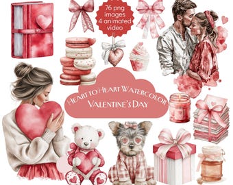 May include: A collection of watercolour illustrations with a Valentine's Day theme. Includes a red journal, bows, macarons, a couple, a woman holding a heart, a teddy bear, a dog in pajamas, a gift box, a candle, and a jar. Text reads "Heart to Heart Watercolor Valentine's Day."