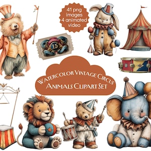 Puede incluir: Conjunto de imágenes prediseñadas de animales de circo vintage en acuarela. La imagen presenta un oso, un conejo, un león, un elefante y un oso vestidos con atuendos de circo. Incluye una carpa de circo, un tambor y un boleto. El texto dice "41 imágenes png 4 videos animados".