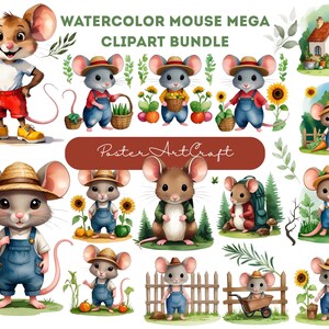 Aquarell-Maus-Mega-Clipart-Paket, 350+ süße Cartoon-Maus-Illustrationen in den Themen Saison, Bauernhof, Reisen und Gemütlichkeit – PNG