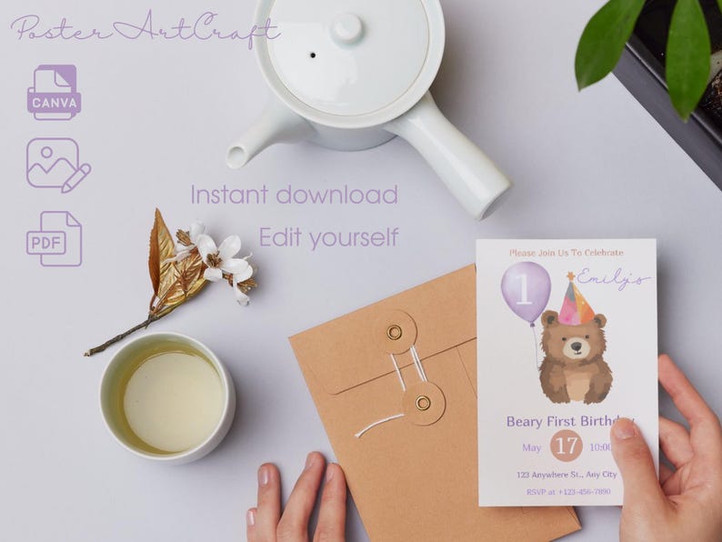 Plantilla de invitación de cumpleaños con un adorable osito de peluche - Invitación editable para el primer cumpleaños de una niña - Diseño imprimible en Canva imagen 2