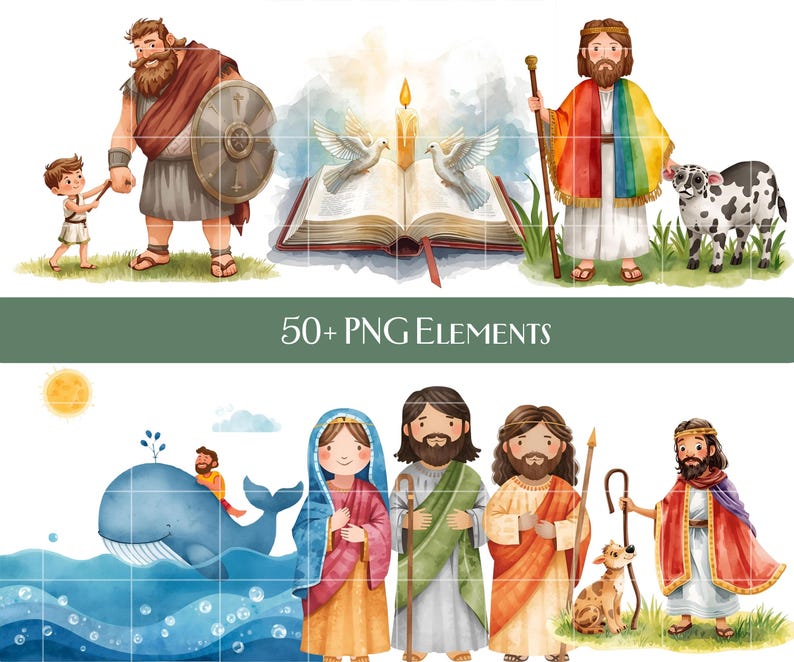 Kids Bible Story Clipart – Cute Watercolor Christian PNG Bundle ...