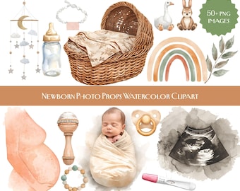 Clipart de acuarela para fotos de recién nacidos | Set de PNG de bebé bohemio neutro | Arte rústico escandinavo para guardería | Fondo transparente