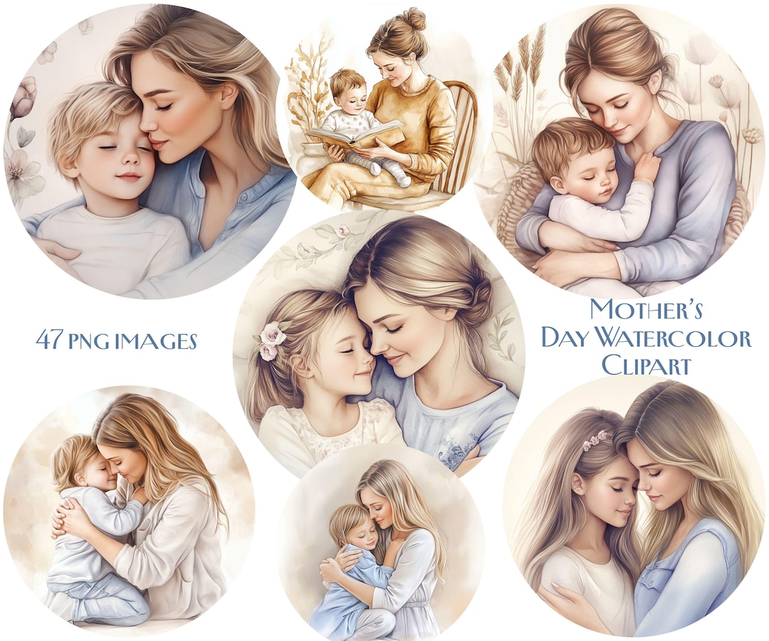 Mother's Day Watercolor Clipart, Loving Mom and Baby Illustration ...