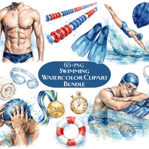 Può includere: Pacchetto di clipart ad acquerello con illustrazioni a tema nuoto. Include un nuotatore, occhialini, pinne, un asciugamano, una medaglia, un cronometro, un salvagente e indicatori di corsia. Il testo sull'immagine dice "65+ PNG Swimming Watercolor Clipart Bundle."