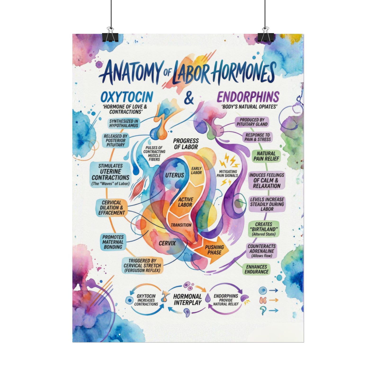 Anatomy of Labor Hormones Poster, Oxytocin & Endorphins Chart, Birth ...