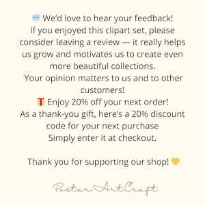 K&ouml;nnte beinhalten: Cremefarbene Grafik mit Text: &bdquo;Wir w&uuml;rden uns &uuml;ber Ihr Feedback freuen!&ldquo; und eine Dankesbotschaft. Enth&auml;lt ein 20 % Rabattangebot f&uuml;r die n&auml;chste Bestellung. Der Shop-Name &bdquo;Poster Art Craft&ldquo; steht unten.