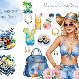 Clipart de verano de acuarela de lujo | Mujer rubia, sushi, cócteles, estética azul | Conjunto PNG para agendas, pegatinas y diarios