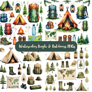 Vintage-Camping-Clipart-Paket | Aquarell-Sommercamp-Figuren (PNG) | Retro-Cliparts: Zelt, Lagerfeuer, Kanu, Vanlife | Boho-Natur-Paket Bild 4