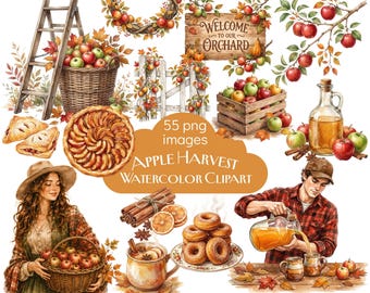 Paquete de imágenes prediseñadas de acuarela de la cosecha de manzanas: 55 elementos PNG | Manzanas de otoño, sidra, huerto, panadería, conjunto de otoño de granja
