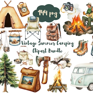 Vintage-Camping-Clipart-Paket | Aquarell-Sommercamp-Figuren (PNG) | Retro-Cliparts: Zelt, Lagerfeuer, Kanu, Vanlife | Boho-Natur-Paket Bild 1