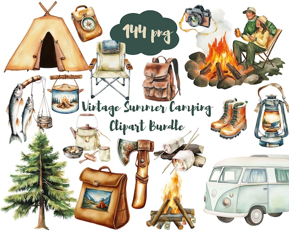 Vintage Camping Clipart Bundle | Watercolor Summer Camp People PNG | Retro Outdoor Tent Campfire Canoe Van Life Clip Art | Boho Nature Pack