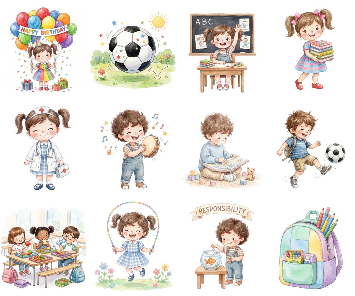 Kindergarten Kids Clipart – Watercolor Cartoon Set | 50+ PNG Elements ...