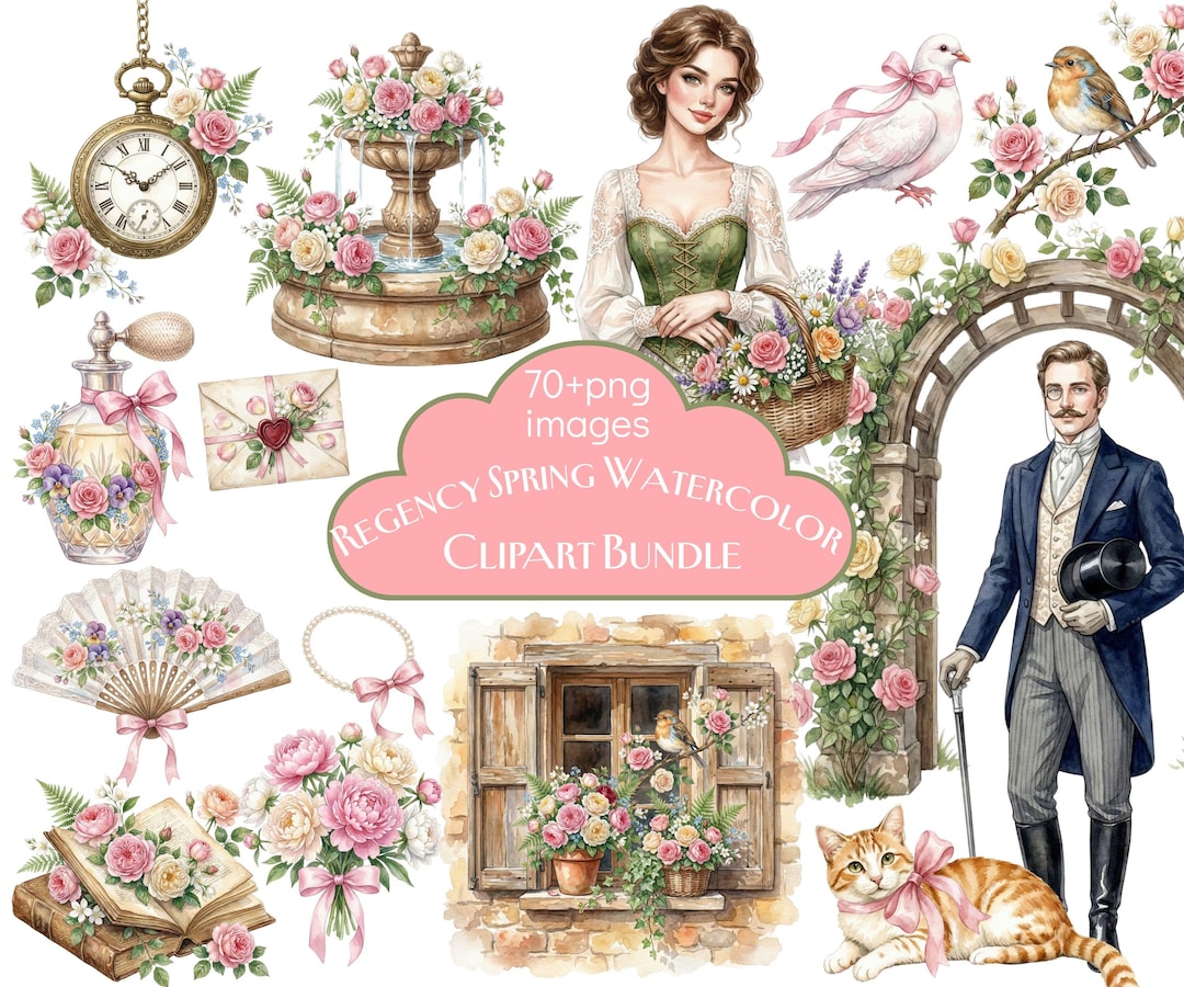 Regency Spring Watercolor Clipart Bundle, Romantic Garden Clipart ...