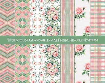 Patrones florales sin costuras Grandmillennials en acuarela | Flores pastel, rayas, cuadros y purpurina | Patrón digital repetitivo | Papel para álbumes de recortes