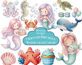 Mermaid Birthday Clipart, Under the Sea Party Set, Cute Mermaid PNG, Baby Shower Decor, Watercolor Mermaid