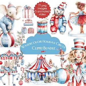 Könnte beinhalten: Aquarell-Clipart-Bundle zum Thema Zirkus, mit einem Elefanten auf einem Ball, einem Bären im Clownskostüm, einem Karussell und einem Zirkuszelt. Der Text lautet "77 png-Bilder 5 animierte Videos" und "Watercolor Holiday Circus Cliprt Bundle."