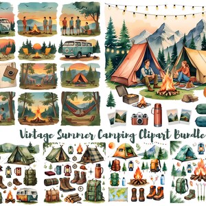 K&ouml;nnte beinhalten: Aquarellillustrationen von Camping-Szenen, darunter Zelte, Lagerfeuer und ein Vintage-Camper. Die Bilder zeigen Menschen, die die Natur genie&szlig;en, mit einer warmen Farbpalette. Der Text "Vintage Summer Camping Clipart Bundle" ist enthalten.
