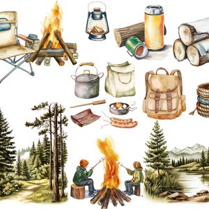 Vintage-Camping-Clipart-Paket | Aquarell-Sommercamp-Figuren (PNG) | Retro-Cliparts: Zelt, Lagerfeuer, Kanu, Vanlife | Boho-Natur-Paket Bild 8