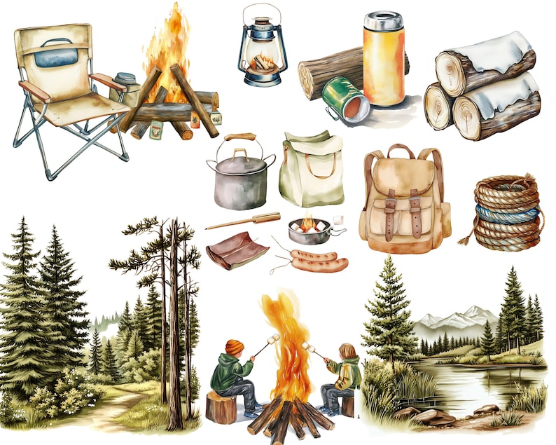 Vintage-Camping-Clipart-Paket | Aquarell-Sommercamp-Figuren (PNG) | Retro-Cliparts: Zelt, Lagerfeuer, Kanu, Vanlife | Boho-Natur-Paket Bild 8