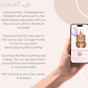Plantilla de invitación de cumpleaños con un adorable osito de peluche - Invitación editable para el primer cumpleaños de una niña - Diseño imprimible en Canva imagen 3