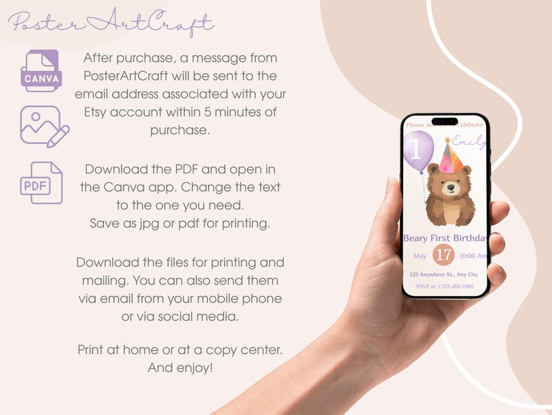 Plantilla de invitación de cumpleaños con un adorable osito de peluche - Invitación editable para el primer cumpleaños de una niña - Diseño imprimible en Canva imagen 3