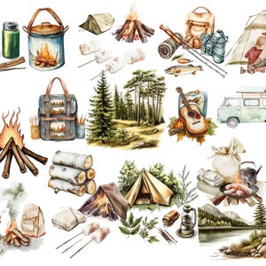 Vintage-Camping-Clipart-Paket | Aquarell-Sommercamp-Figuren (PNG) | Retro-Cliparts: Zelt, Lagerfeuer, Kanu, Vanlife | Boho-Natur-Paket Bild 7