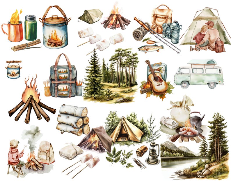 Vintage-Camping-Clipart-Paket | Aquarell-Sommercamp-Figuren (PNG) | Retro-Cliparts: Zelt, Lagerfeuer, Kanu, Vanlife | Boho-Natur-Paket Bild 7