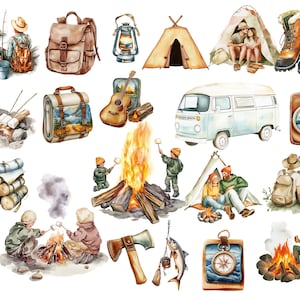 Vintage-Camping-Clipart-Paket | Aquarell-Sommercamp-Figuren (PNG) | Retro-Cliparts: Zelt, Lagerfeuer, Kanu, Vanlife | Boho-Natur-Paket Bild 2