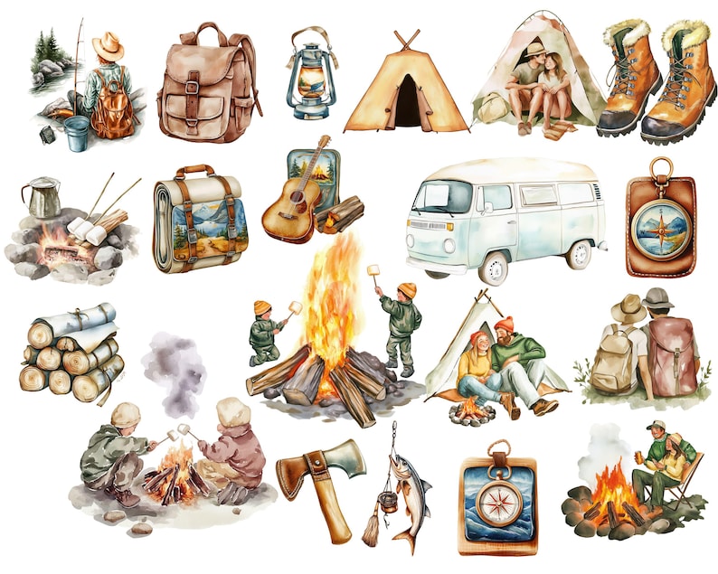 Vintage-Camping-Clipart-Paket | Aquarell-Sommercamp-Figuren (PNG) | Retro-Cliparts: Zelt, Lagerfeuer, Kanu, Vanlife | Boho-Natur-Paket Bild 2