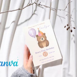 Plantilla de invitación de cumpleaños con un adorable osito de peluche - Invitación editable para el primer cumpleaños de una niña - Diseño imprimible en Canva imagen 4