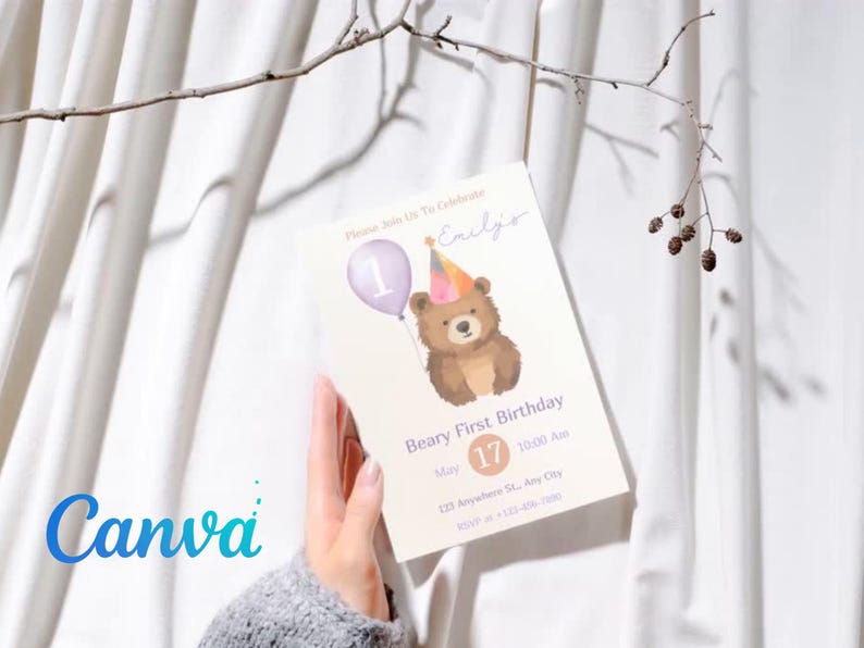 Plantilla de invitación de cumpleaños con un adorable osito de peluche - Invitación editable para el primer cumpleaños de una niña - Diseño imprimible en Canva imagen 4