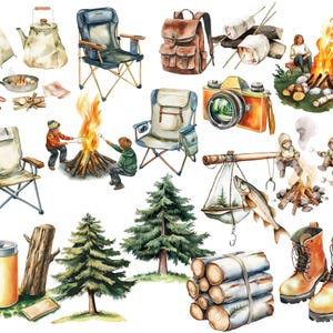 Vintage-Camping-Clipart-Paket | Aquarell-Sommercamp-Figuren (PNG) | Retro-Cliparts: Zelt, Lagerfeuer, Kanu, Vanlife | Boho-Natur-Paket Bild 11