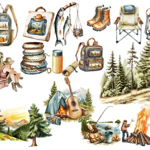 Vintage-Camping-Clipart-Paket | Aquarell-Sommercamp-Figuren (PNG) | Retro-Cliparts: Zelt, Lagerfeuer, Kanu, Vanlife | Boho-Natur-Paket Bild 5