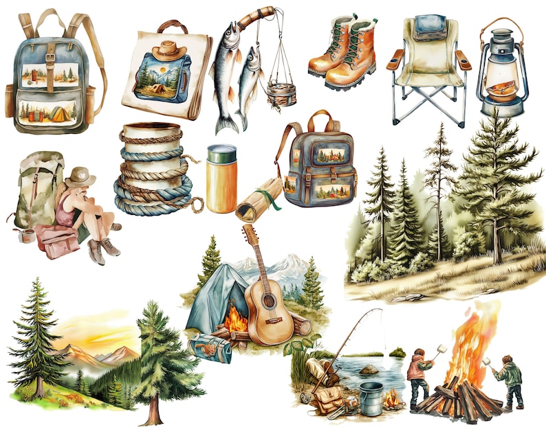 Vintage-Camping-Clipart-Paket | Aquarell-Sommercamp-Figuren (PNG) | Retro-Cliparts: Zelt, Lagerfeuer, Kanu, Vanlife | Boho-Natur-Paket Bild 5