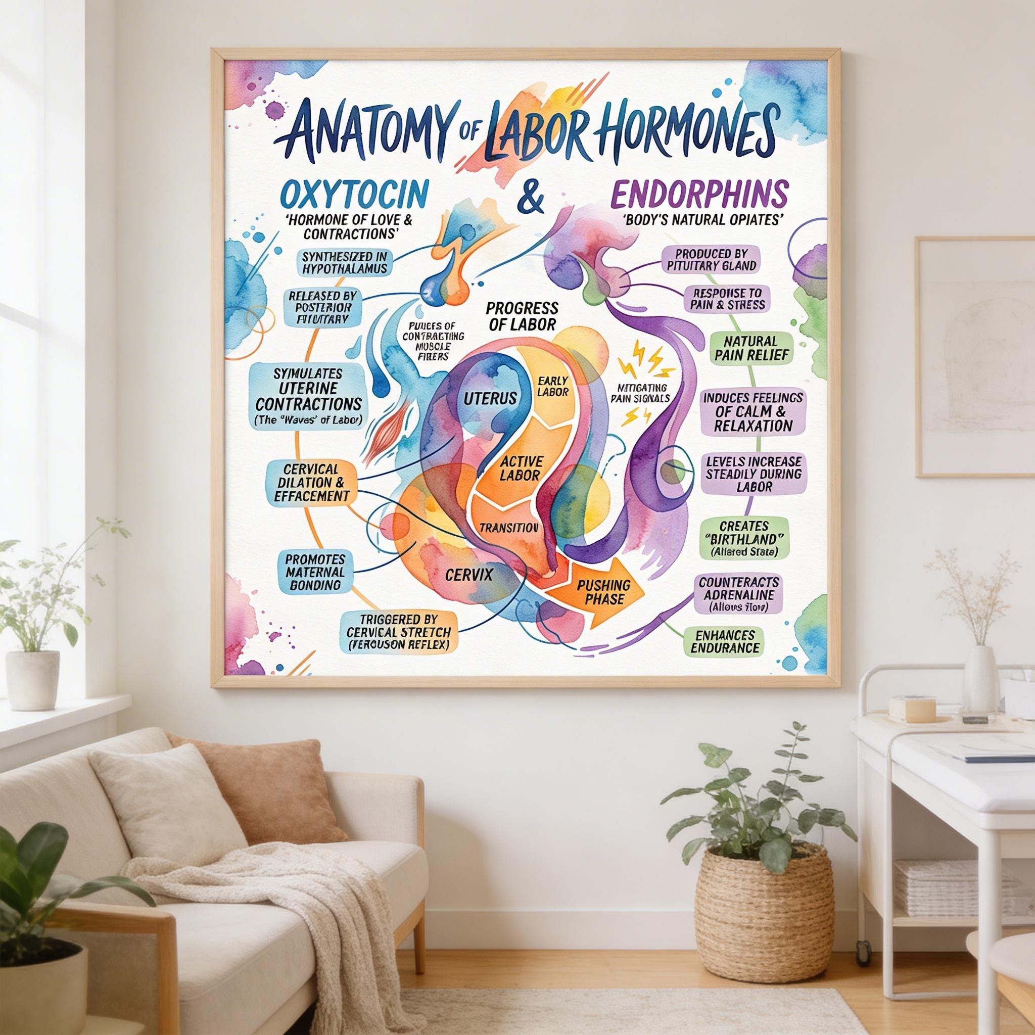 Anatomy of Labor Hormones Poster, Oxytocin & Endorphins Chart, Birth ...