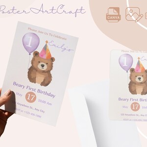 Plantilla de invitación de cumpleaños con un adorable osito de peluche - Invitación editable para el primer cumpleaños de una niña - Diseño imprimible en Canva imagen 1