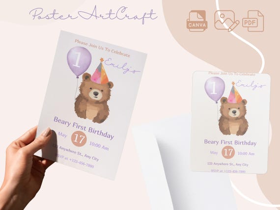 Adorable Teddy Bear Birthday Invitation Template - Editable Girl's First Birthday Invite - Printable Canva Design