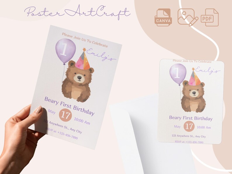 Plantilla de invitación de cumpleaños con un adorable osito de peluche - Invitación editable para el primer cumpleaños de una niña - Diseño imprimible en Canva imagen 1