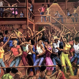 May include: A painting of a bustling dance hall. Many people are dancing, with arms raised, in a dimly lit space. The colour scheme includes warm tones of brown, yellow, and red, creating a lively and energetic atmosphere. A bar and balcony are visible.