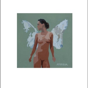 May include: An original painting of a nude figure with white and light blue wings against a muted green background. The figure is facing left, with the word "AMOROSA" in white text on the lower right.