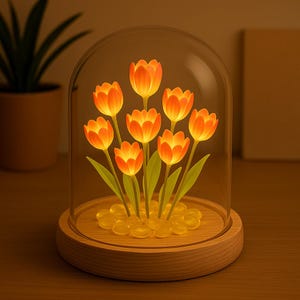 Tulip Flower Lamp in Glass Dome | LED Night Light  Cozy Gift for Her | Home Décor Aesthetic | Mother&#39;s Day, Birthday, Anniversary