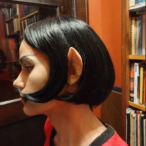 May include: A person with short black hair and a red shirt. The person has pointed ears.