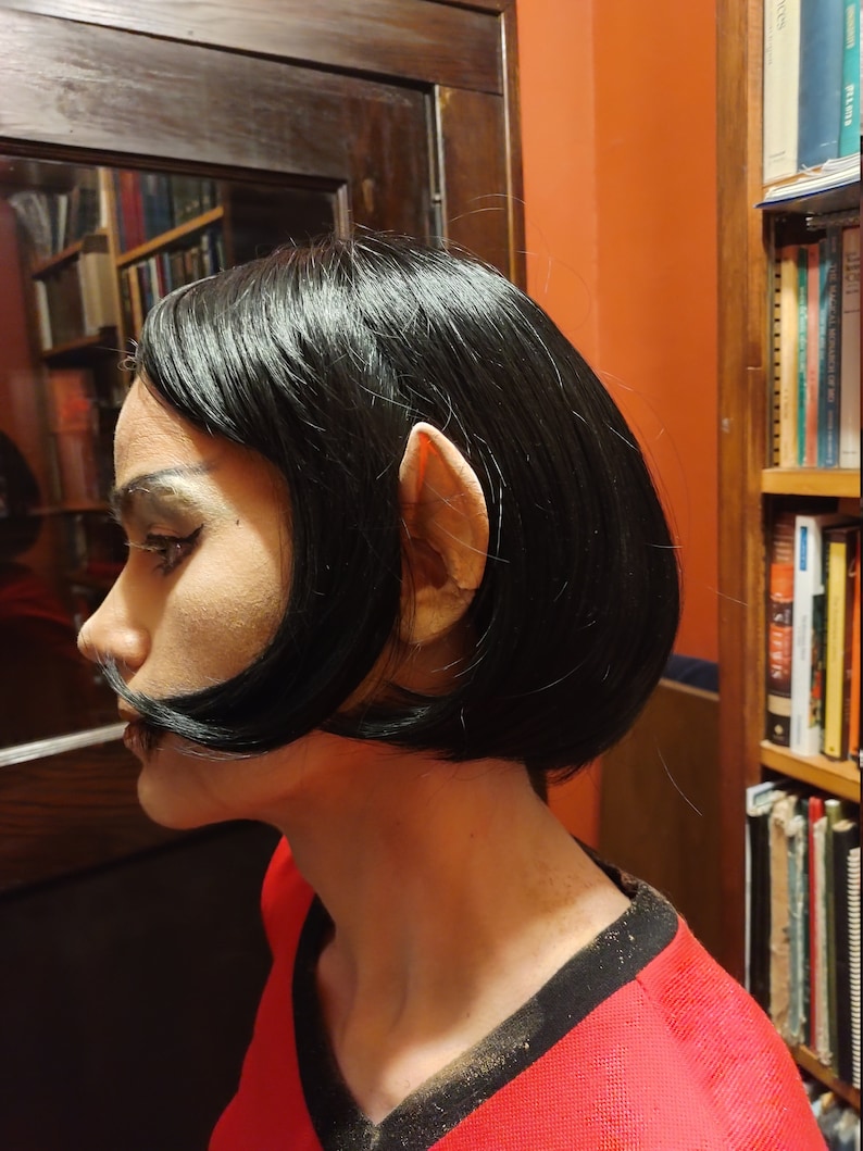 May include: A person with short black hair and a red shirt. The person has pointed ears.