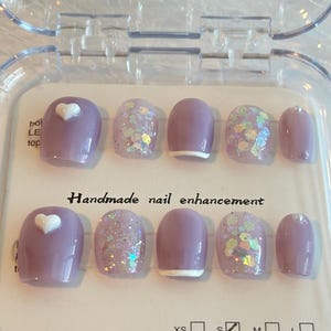 Lavender Glitter Press On Nails | Cute Heart Short Nails | Iridescent Sparkle Nail Set | Reusable Handmade Fake Nails